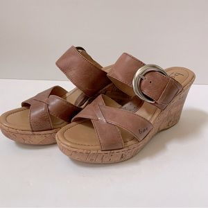 Born BOC Brown Leather Cork Wedge Sandals Size 7